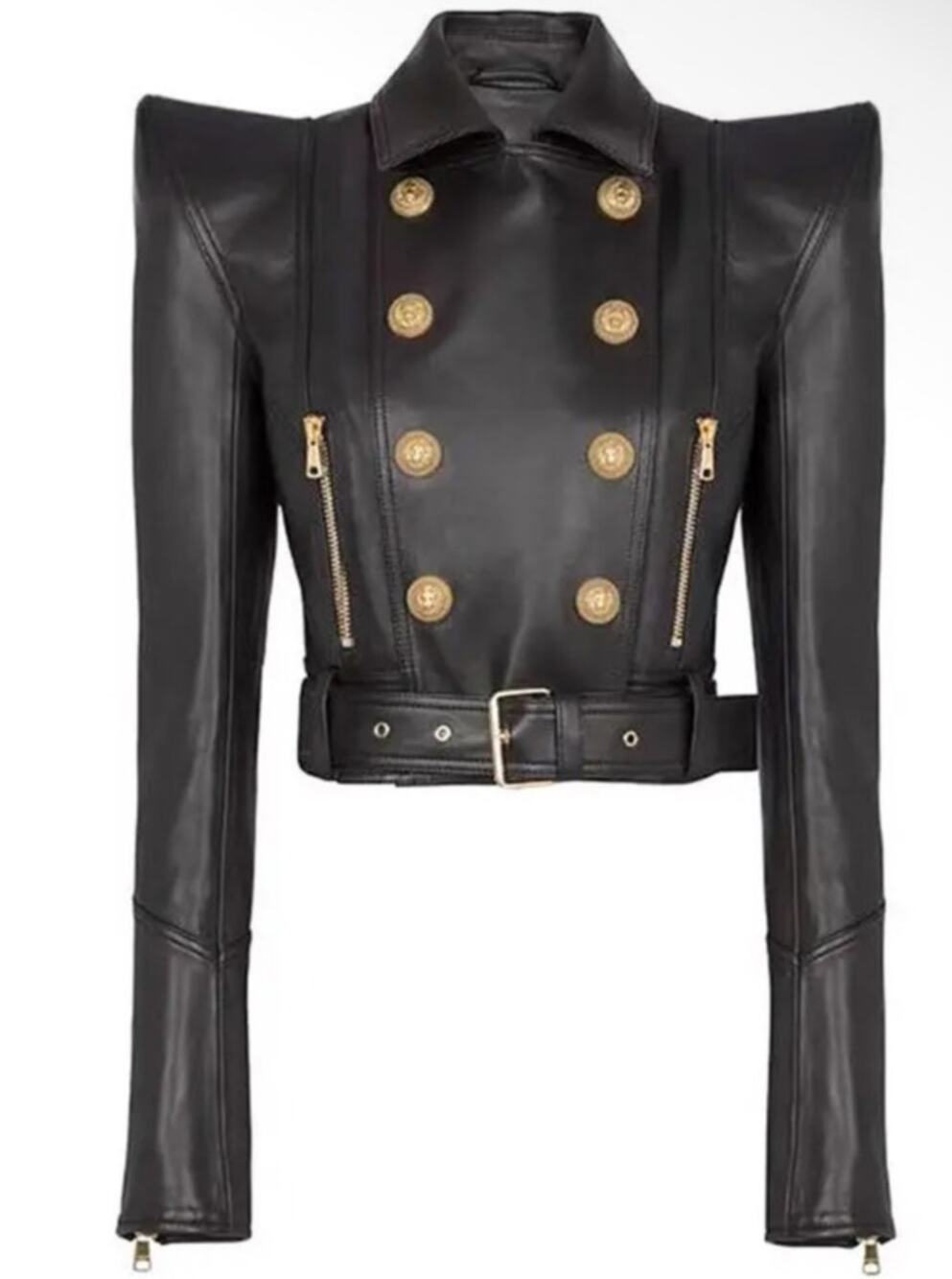 JK140Y Double-Breasted Cropped Leather Motorcycle Jacket
